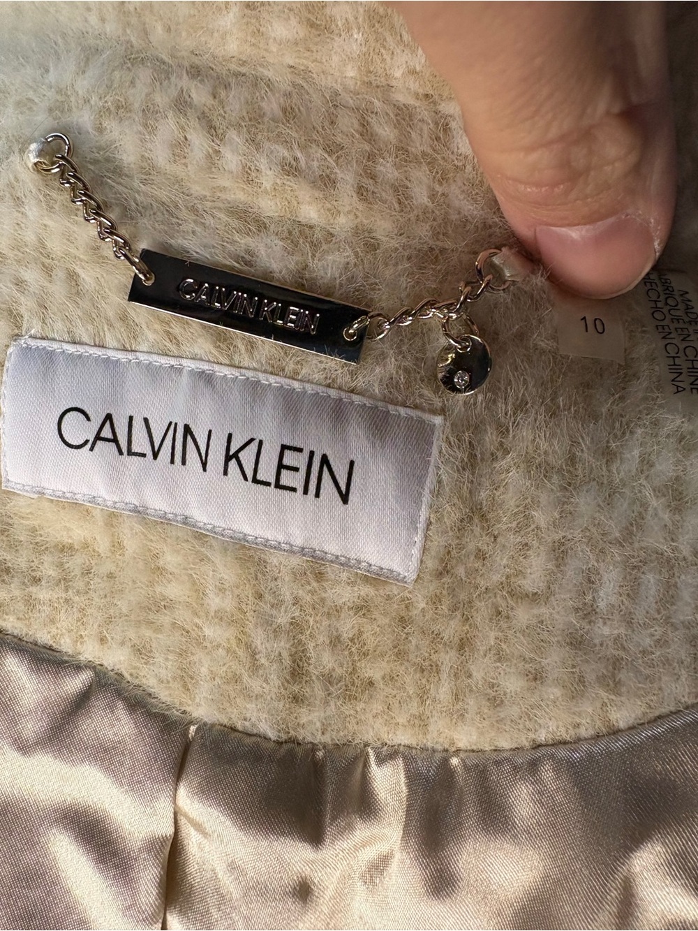 Calvin Klein Cream Plaid Long Coat Women’s Size 10 - Picture 7 of 9